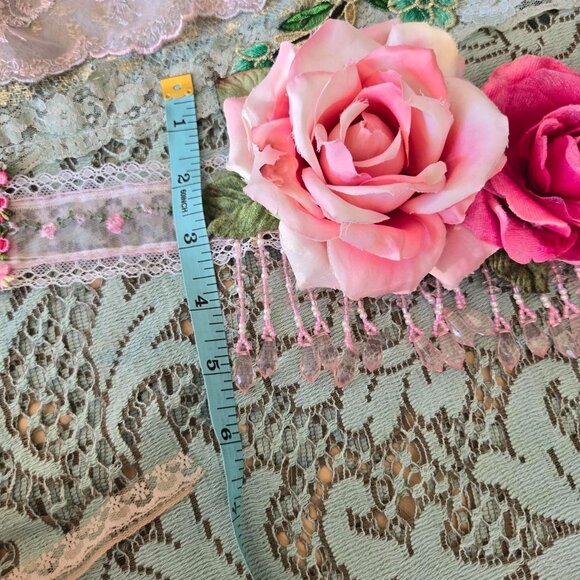 Ethereal Romance | Pink | Sash | Vintage Millinery Roses and Beaded Fringe Belt - Picture 7 of 8